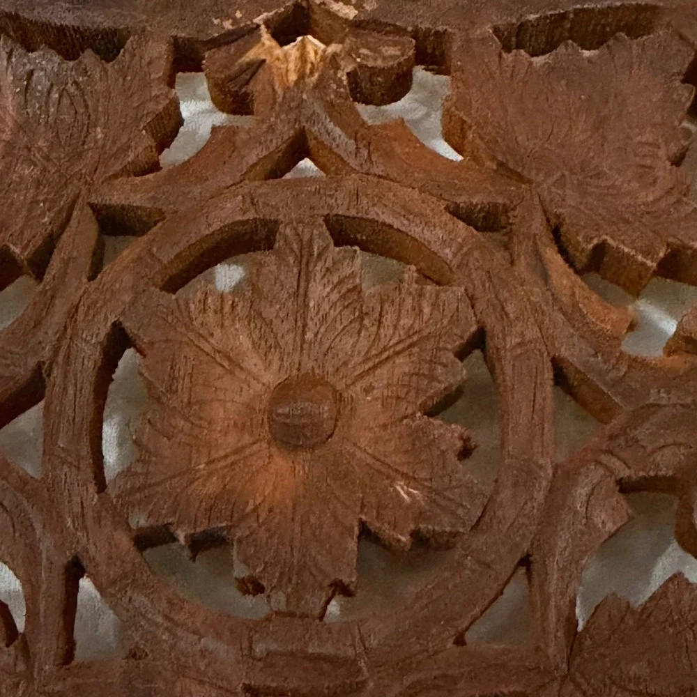 Vintage Hand-Carved wooden trivet crafted in India w floral & leaf motifs